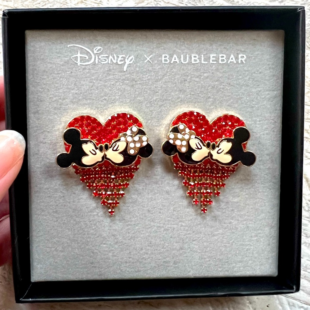 Disney x BaubleBar Mickey and Minnie kissing rhinestone earrings